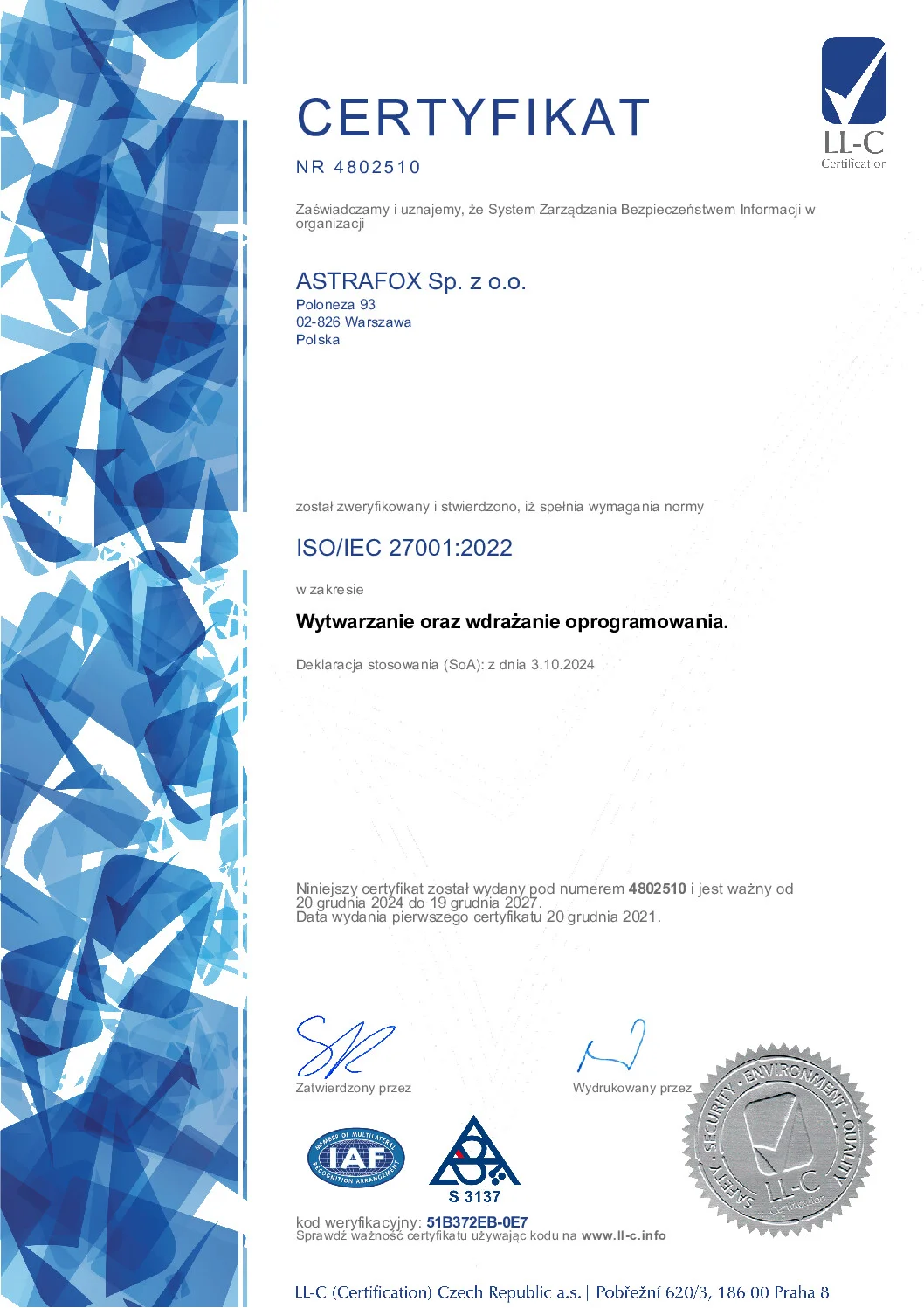 Astrafox ISO/IEC 27001:2022 certificate no. 4802510 for software development and implementation