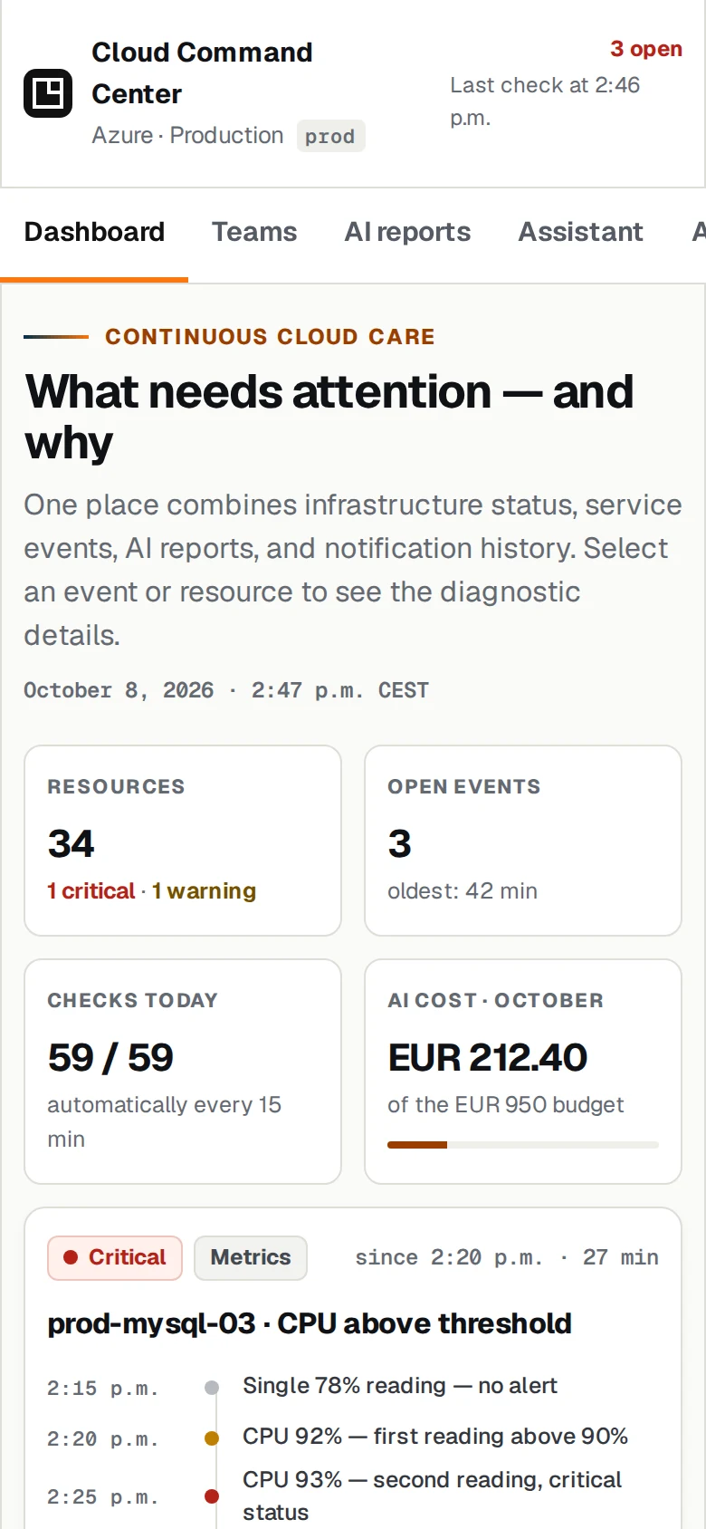 Mobile English Cloud Command Center dashboard with monitoring counters and the start of a critical database event