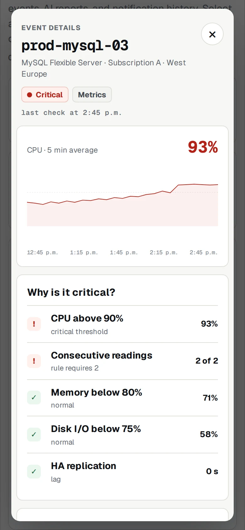 English incident details with a CPU chart and the conditions that triggered critical status