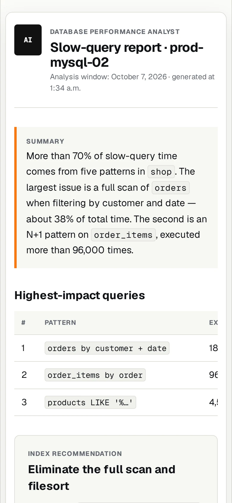 English AI slow-query report with an executive summary, query ranking, and index recommendation