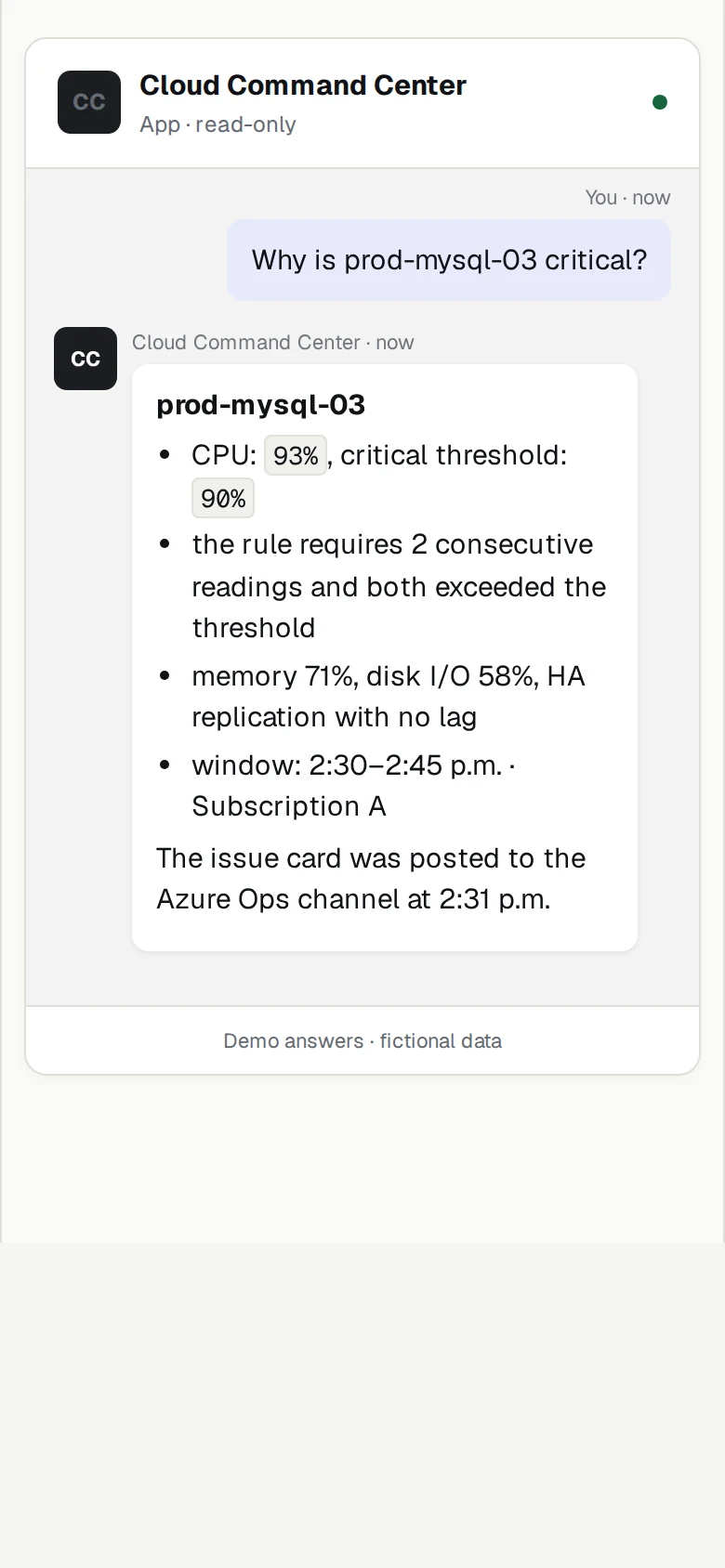 English Cloud Command Center assistant response explaining why a database resource is critical