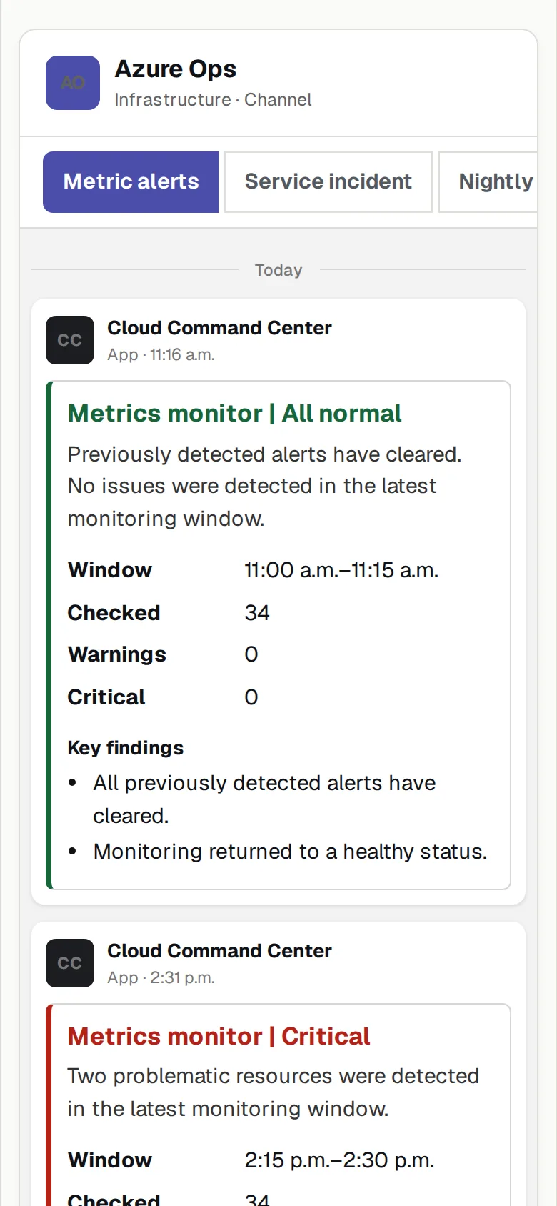 English Microsoft Teams-style channel in the demo with a return-to-normal card and a critical database alert card