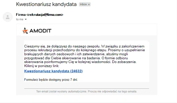 Email to a candidate with a link to a form for entering data before hiring