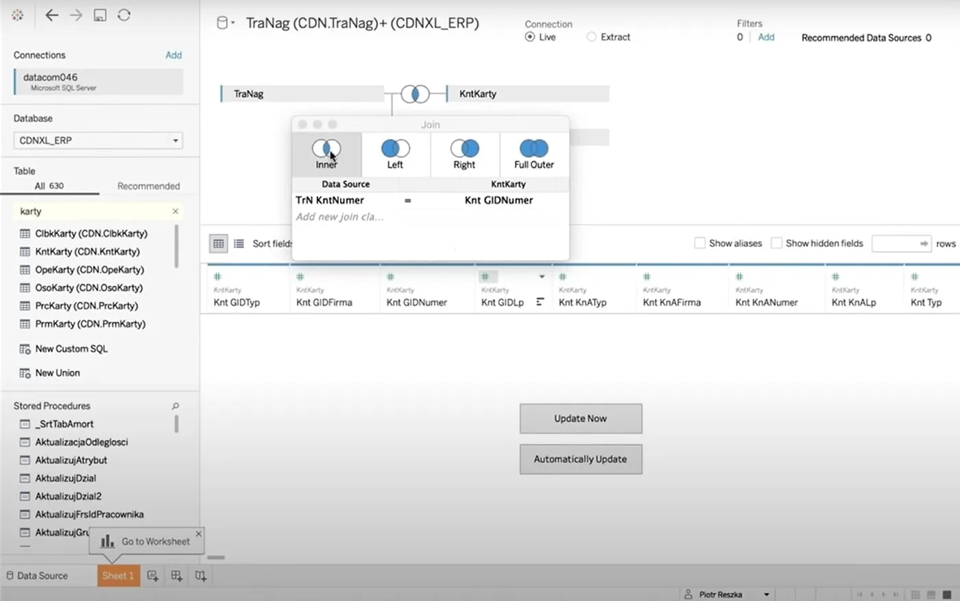 Tableau data source screen joining sales tables from an ERP database