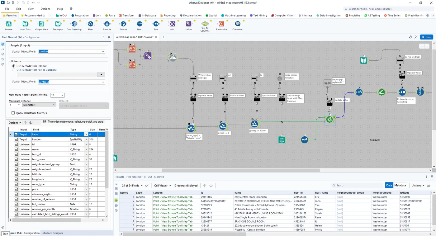 Alteryx Designer workflow for filtering, mapping, and sorting location data