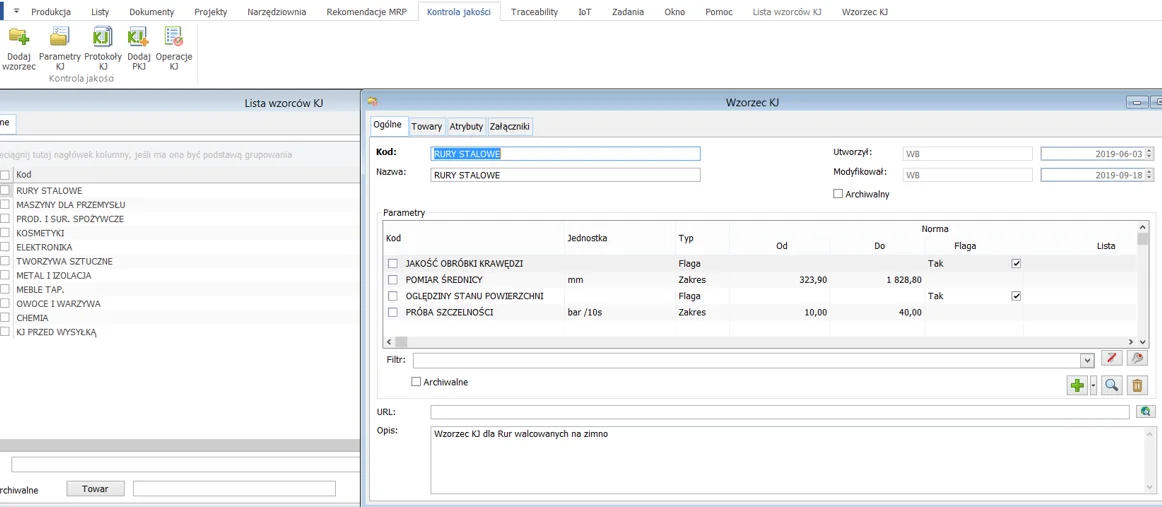 Comarch ERP XL screen with a list of quality-control templates and template parameters for steel pipes