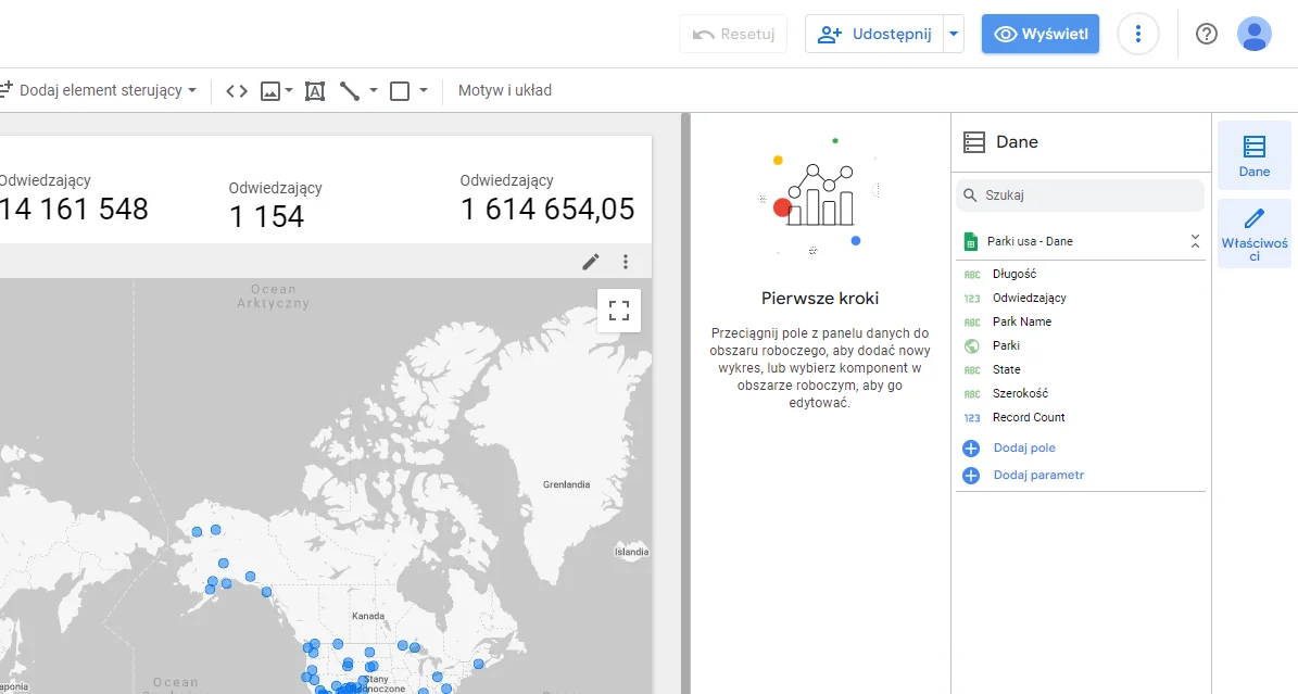 Google Data Studio dashboard with a map and report data panel
