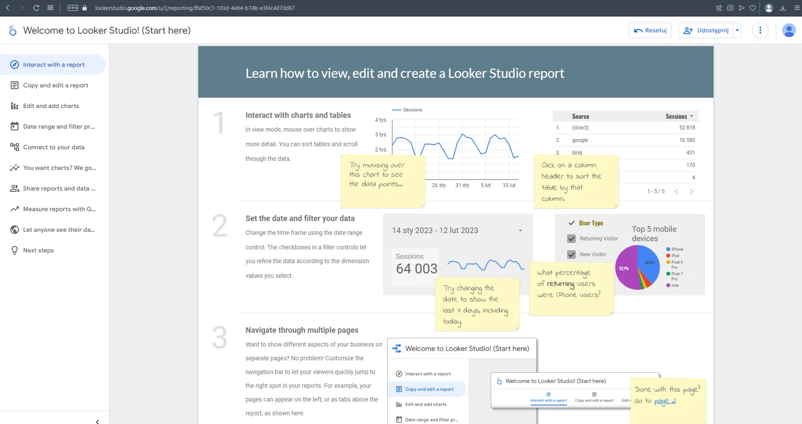 Interactive Google Data Studio report with charts, a table, a date filter, and usage instructions