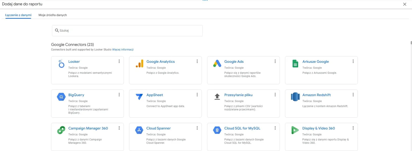 List of Google connectors in Data Studio, including Google Analytics, Google Ads, Google Sheets, BigQuery, and Amazon Redshift