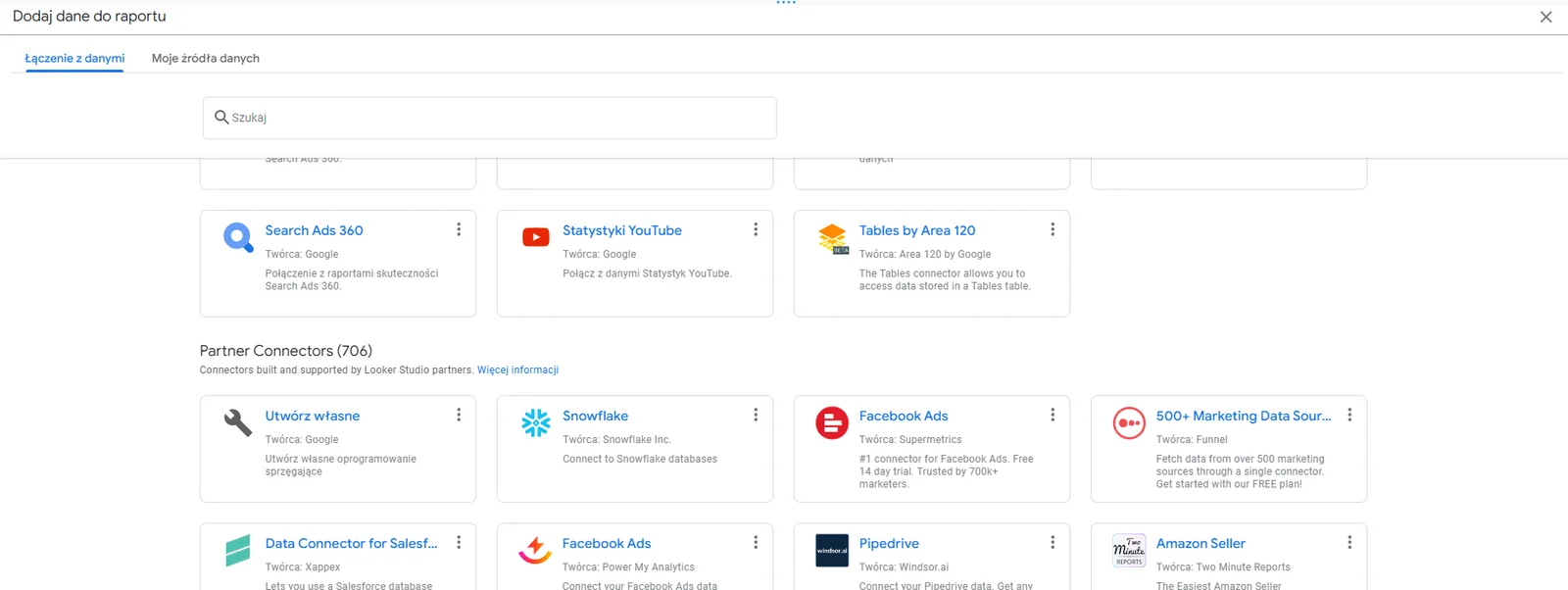 List of Data Studio partner connectors, including Snowflake, Facebook Ads, Salesforce, Pipedrive, and Amazon Seller