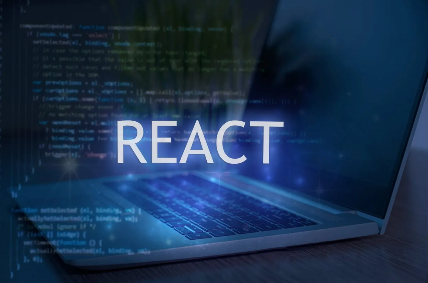 React technology name displayed over a laptop with source code